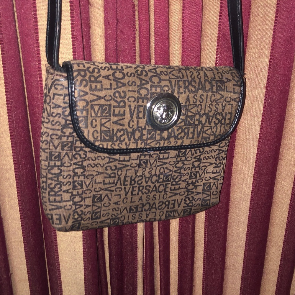 Versace Logo Print Tan and Black Shoulder Bag